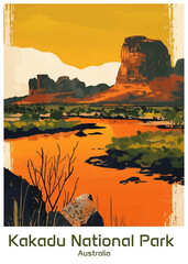 Kakadu National Park Australia Poster Illustration Travel Print Decor Gift Paper Canvas Wall Retro Art