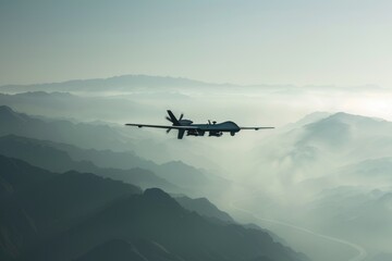 Fototapeta premium Small plane flying over a mountain range landscape with rugged peaks and valleys
