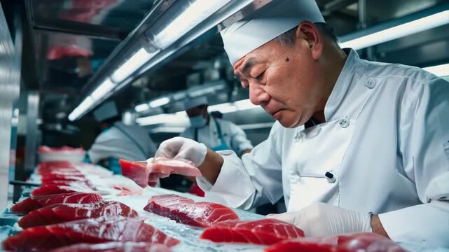 Close-up of a master chef inspecting a premium-grade tuna, exemplifying expertise in selecting the finest ingredients.