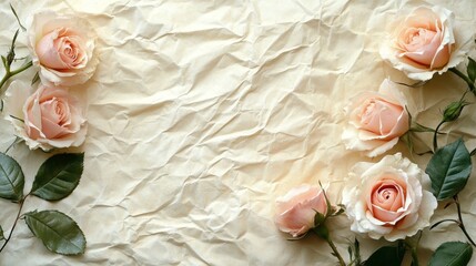 Delicate Peach Roses on Crumpled Paper