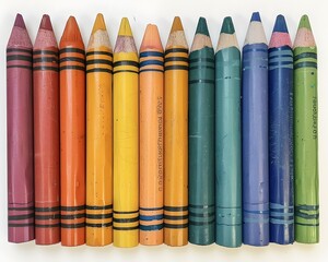 A colorful assortment of crayons arranged neatly in a row, showcasing a range of vibrant shades from red to blue.
