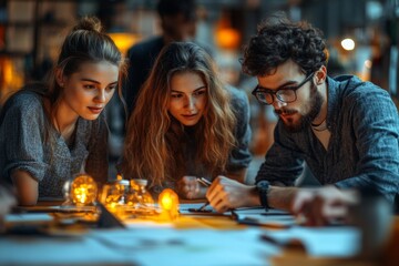 Fototapeta premium A diverse team of young professionals brainstorming and collaborating on a new tech start-up project. Generative AI