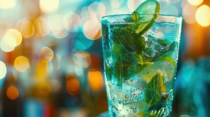 Mojito cocktail with lime and mint in highball glass on a grey stone background Copy space. AI generated illustration