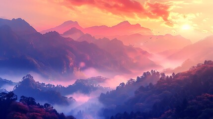 Obraz premium A vibrant sunrise over a misty mountain range.