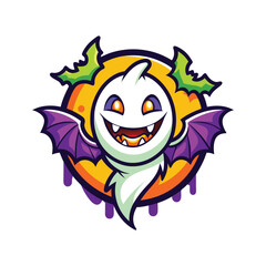 Fototapeta premium funny Halloween cute smile ghost, with pumpkin, with coffee, fly bats, in graffiti style, bright colors, on white background
