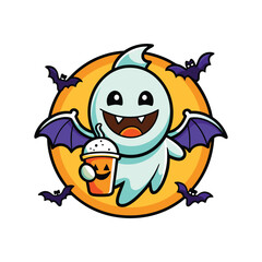 Naklejka premium funny Halloween cute smile ghost, with pumpkin, with coffee, fly bats, in graffiti style, bright colors, on white background