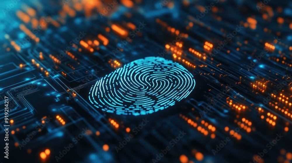 Poster fingerprint scan provides security access with biometrics identification.