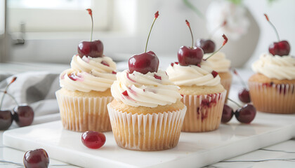 Delicious cupcakes with cream and cherries on white marble table