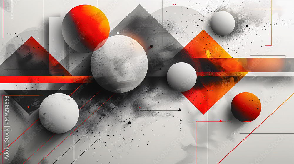 Poster geometric abstraction with bold red and orange accents..