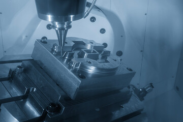 The 5-axis CNC milling machine  cutting the mold part with solid ball nose end mill tool in the light blue scene.