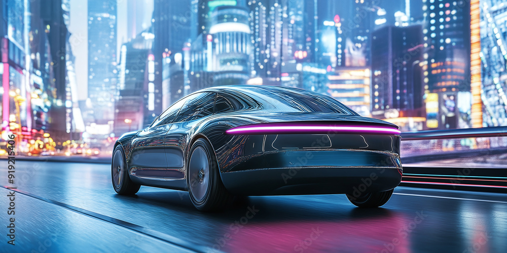 Poster sleek electric vehicle navigating through a bustling metropolis with advanced infrastructure. concep