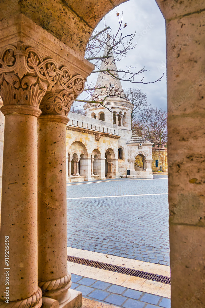 Poster The scenic carved stone pillars of Gallery in Fisherman's Bastion, Budapest, Hungary