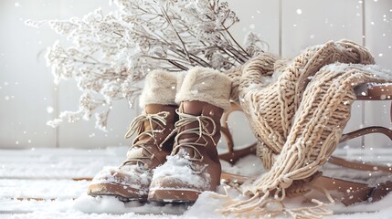 A winter arrangement with a pair of snow boots, a sled, and a snow-covered scarf on a white background. The items create a playful and chilly winter scene.