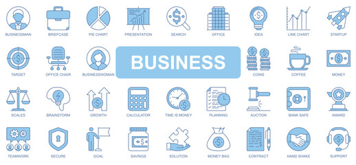 Business icons set in duotone outline stroke design for web. Pack pictograms of businessman, briefcase, pie chart, presentation, search, office, idea, startup, target, other. Vector illustration.