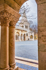 The scenic carved stone pillars of Gallery in Fisherman's Bastion, Budapest, Hungary