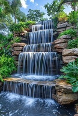 A lavish backyard waterfall with multiple tiers, surrounded by lush greenery and natural rocks, creating a peaceful oasis