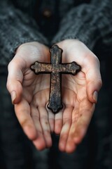 A person is holding a cross in their hands. The cross is made of metal and he is old. The person's hands are covered in dirt, suggesting that they have been working with the cross for some time