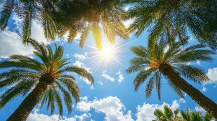 Palm tree canopy with sunbeams piercing through, open sky background