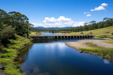 A restored riverbank features micro-hydropower stations, illustrating the balance between environmental conservation, renewable energy, and ecological restoration.