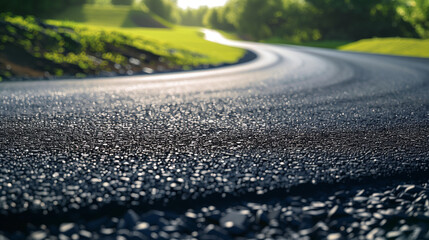 New winding asphalt road in a forest area with green trees.
