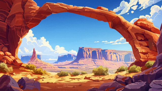 Mesa Arch Panorama Cartoon Illustration Dramatic Landscape Scenic View Vast Desert Panoramic Vista Arched Rock Formation Canyon Background