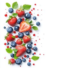 Fresh strawberries and blueberries arranged with mint leaves on a white background