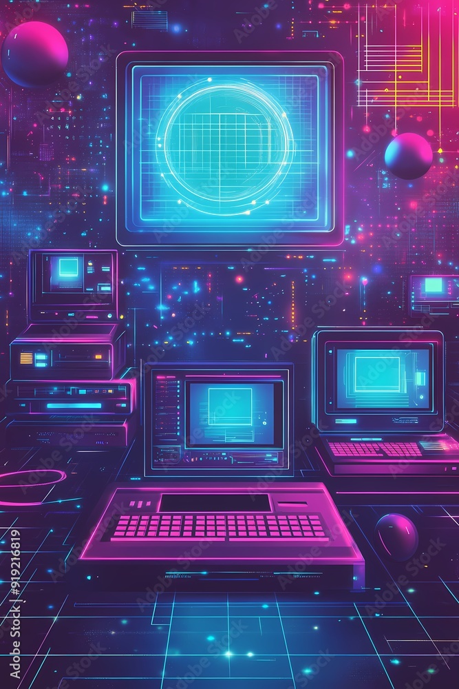 Poster retro futuristic computer setup with glowing screens and neon lights.