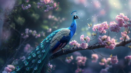 Stunning photograph capturing a peacock displaying its vibrant colored feathers in the middle of a lush forest, showcasing the bird natural beauty and the surrounding greenery
