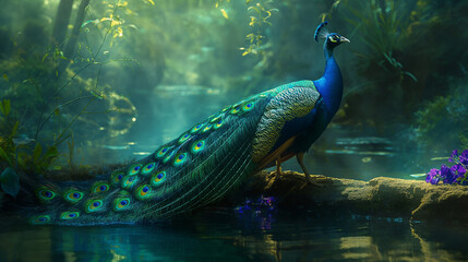 Stunning photograph capturing a peacock displaying its vibrant colored feathers in the middle of a lush forest, showcasing the bird natural beauty and the surrounding greenery