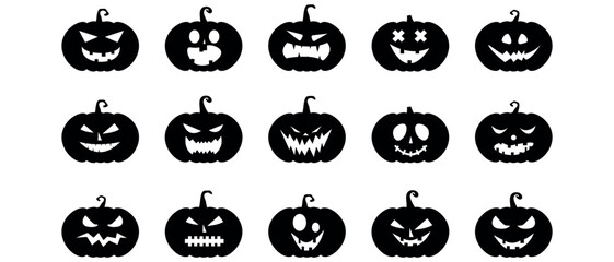Scary pumpkin faces vector set. Spooky creepy faces icons on white background. Vector illustration for Happy Halloween.