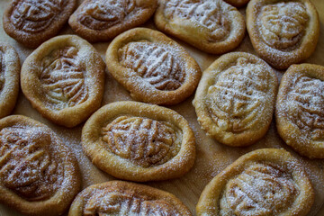 Mongolian National Bakery Boov with Ornament Close-up. Baked Cookies with Powdered Sugar
