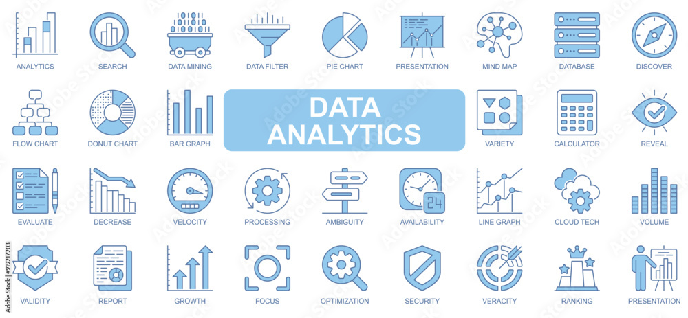 Fototapete data analytics icons set in duotone outline stroke design for web. pack pictograms of search, mining