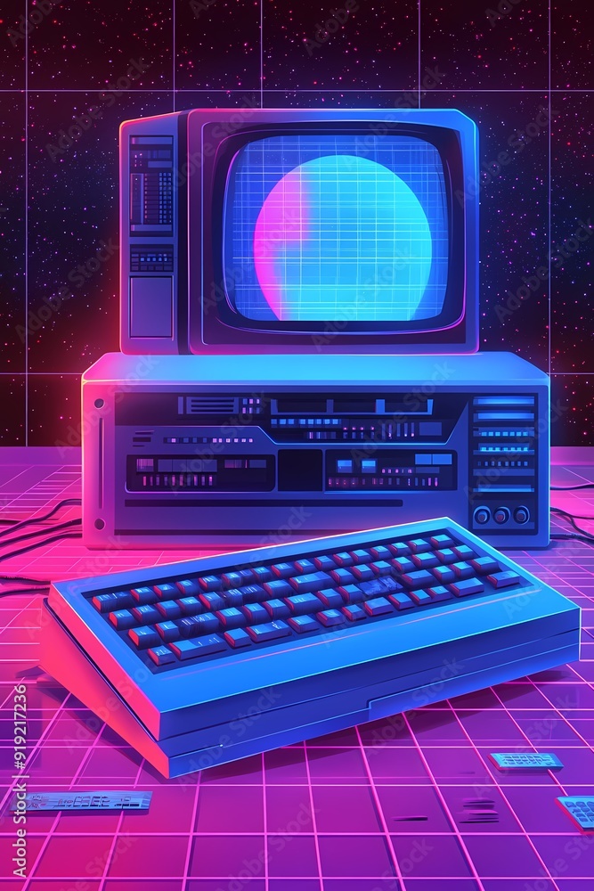 Poster retro computer with a glowing screen and keyboard, set against a futuristic backdrop with pink and b