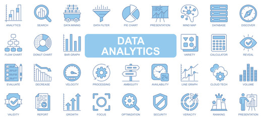 Data analytics icons set in duotone outline stroke design for web. Pack pictograms of search, mining, filter, pie chart, presentation, mind map, database, discover, flow, other. Vector illustration.