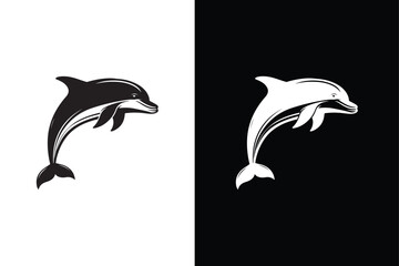 Naklejka premium Black and white jumping dolphin sea animal symbol. Dolphin icon vector silhouette illustration