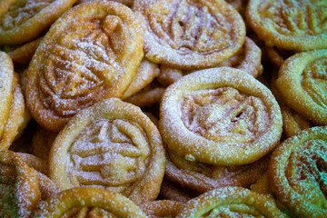 Mongolian National Bakery Boov with Ornament Close-up. Baked Cookies with Powdered Sugar