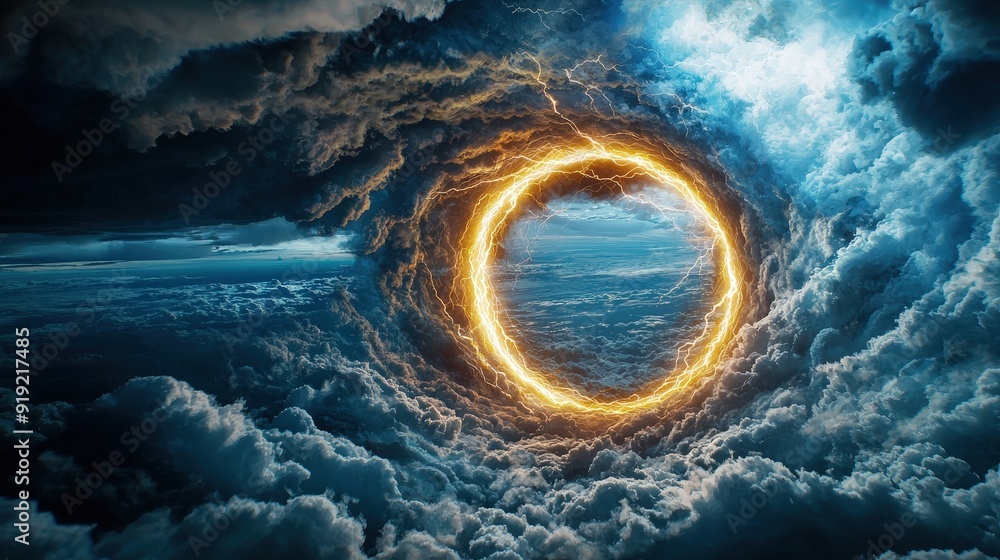 Poster thunderclouds swirling around a glowing lightning bolt creating a vortex of energy
