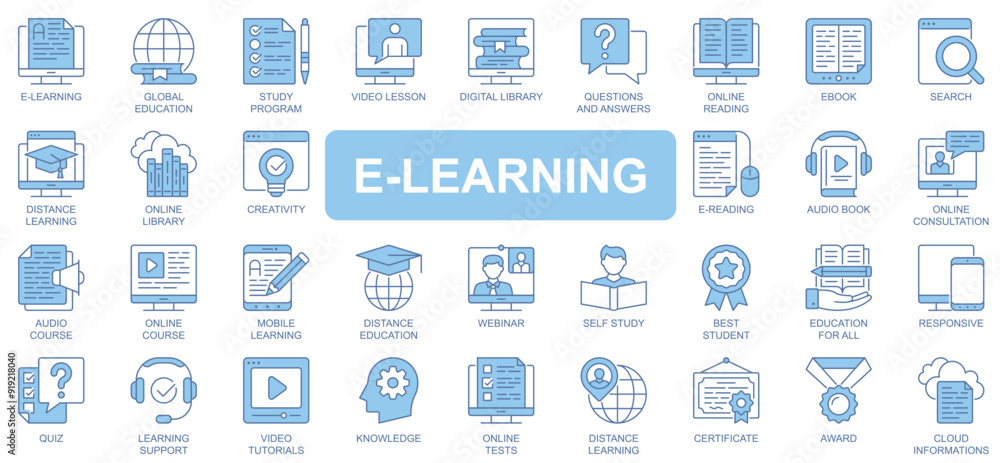 Poster e-learning icons set in duotone outline stroke design for web. pack pictograms of global education, 