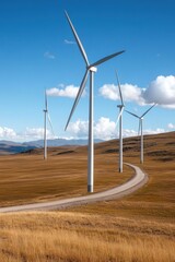 Wind farms are established on rehabilitated mining land, showcasing the transformation of the environment through renewable energy and land restoration.