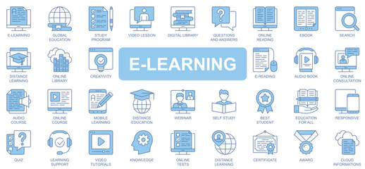 E-learning icons set in duotone outline stroke design for web. Pack pictograms of global education, study program, video lesson, library, online reading, ebook, webinar, other. Vector illustration.