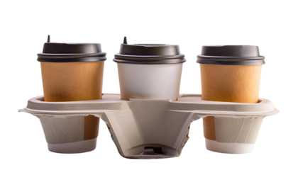 Three takeaway coffee cups in a cardboard carrier, ideal for coffee lovers and cafe settings.