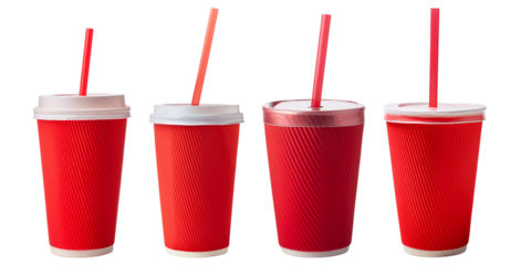 Four vibrant red drink cups featuring matching straws, ideal for beverages at parties, events, or casual gatherings.