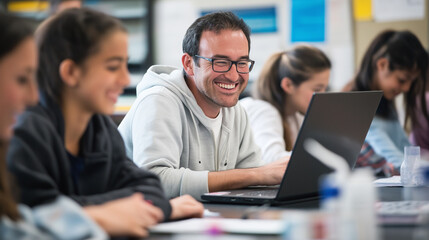 Smiling Students Using Laptops in Computer Science Class for Programming and Development

