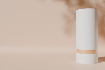 A bottle with box, both placed on a beige background mockup 3d render