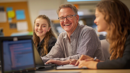 Cheerful Students Collaborating on Laptops During a Computer Science Lesson
