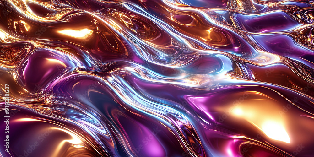 Poster chromatic metallic waves: an abstract background with shimmering metallic waves, reflecting light in