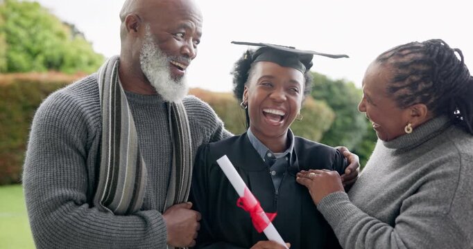 Happy black family, woman and hug for graduation, success or congratulations for certificate at campus. African university student, senior parents or smile for pride, embrace or talking for education