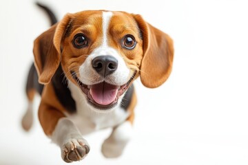 joyful beagle dog with floppy ears and wagging tail caught midleap against white background exuding pure canine happiness and playful energy