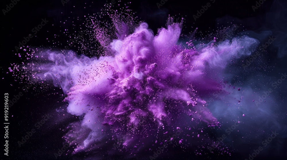 Poster purple powder explosion in a dark setting creating a vivid cloud effect