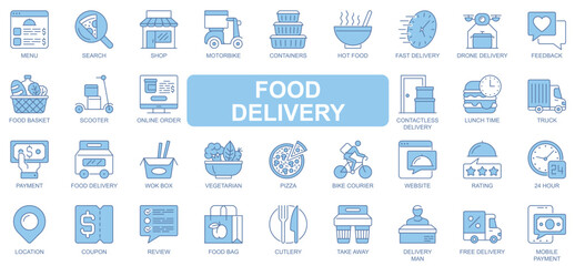 Food delivery icons set in duotone outline stroke design for web. Pack pictograms of menu, search, shop, motorbike, container, drone, feedback, basket, pizza, online order, other. Vector illustration.